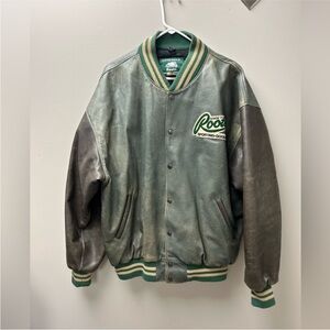 Roots Classic Green and Brown Leather Varsity Jacket